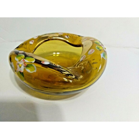 Vintage Bohemian Czech Glass Hand Blown/Painted Amber Gold Gild Dish/Ashtray - Picture 2 of 10